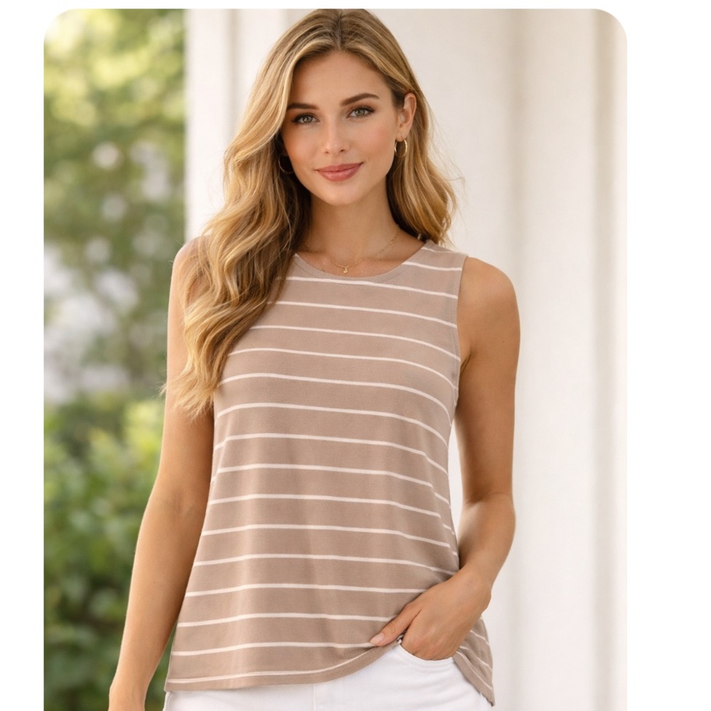 Adrienne Vittadini Beige and White Striped Blouse
